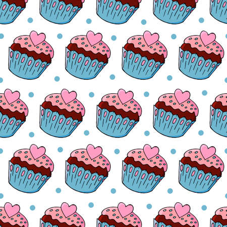 Seamless pattern with sweet pastries. Vector illustration. Cute muffins, cupcakes, sweets. Birthday flags Decorativeのイラスト素材