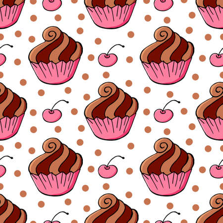 Seamless pattern with sweet pastries. Vector illustration. Cute muffins, cupcakes, sweets. Birthday flags Decorativeのイラスト素材