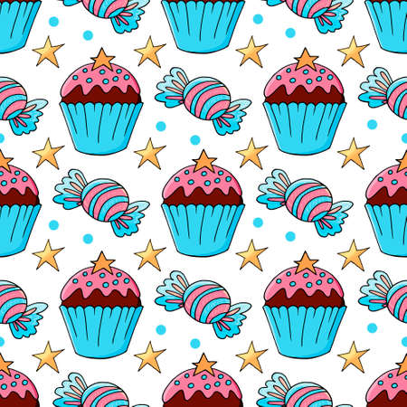 Seamless pattern with sweet pastries. Vector illustration. Cute muffins, cupcakes. Polka dot background. It can be used for packaging, wrapping paper, textileのイラスト素材
