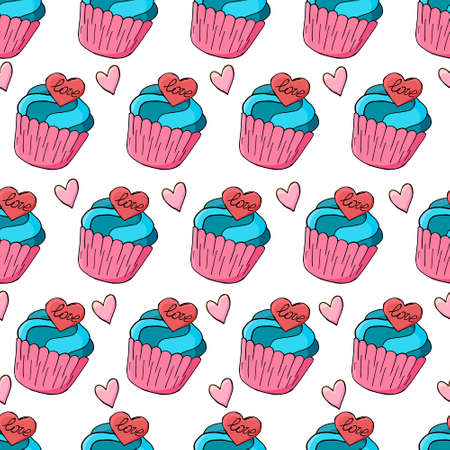 Seamless pattern with sweet pastries. Vector illustration. Cute muffins, cupcakes. Polka dot background. It can be used for packaging, wrapping paper, textileのイラスト素材