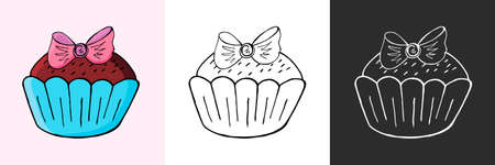 Seamless pattern with sweet pastries. Vector illustration. Cute muffins, cupcakes. Polka dot background. It can be used for packaging, wrapping paper, textileのイラスト素材