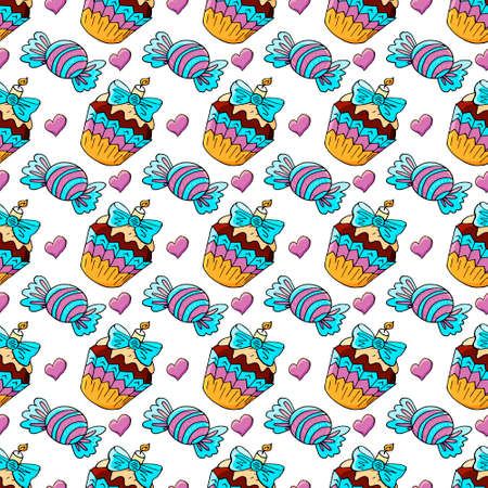 Seamless pattern with sweet pastries. Vector illustration. Cute muffins, cupcakes. Polka dot background. It can be used for packaging, wrapping paper, textileのイラスト素材