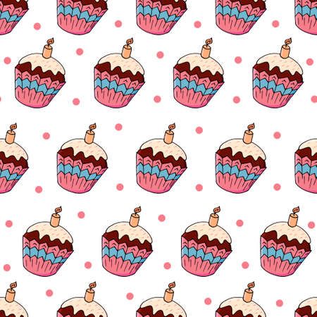 Seamless pattern with sweet pastries. Vector illustration. Cute muffins, cupcakes. Polka dot background. It can be used for packaging, wrapping paper, textileのイラスト素材