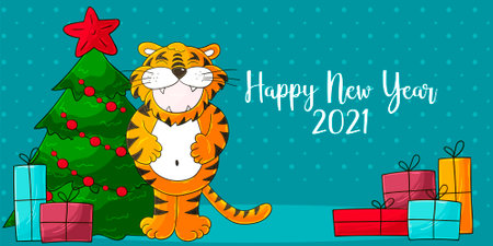 Symbol of 2022. Vector illustration with tiger in hand draw style. New Year 2022. The tiger is sitting. Cartoon animal for calendars, postersのイラスト素材