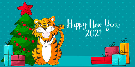 Symbol of 2022. Vector illustration with tiger in hand draw style. New Year 2022. The tiger is sitting. Cartoon animal for calendars, postersのイラスト素材