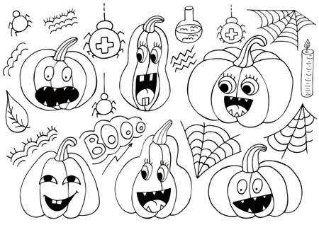 Set of Halloween design elements in hand draw style. Accessories witches, ghosts, bats. Halloween icons, Coloring style. Sign, sticker, pinのイラスト素材