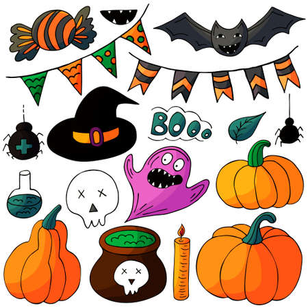 Set of Halloween design elements in hand draw style. Witch accessories. Halloween icons, cartoon style. Sign, sticker, pinのイラスト素材