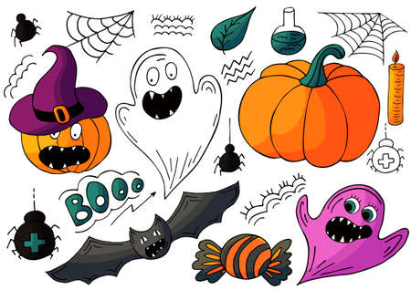 Set of Halloween design elements in hand draw style. Witch accessories. Halloween icons, cartoon style. Sign, sticker, pinのイラスト素材