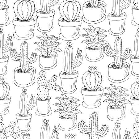 botanical illustration. Tropical pattern of different cacti, aloe, exotic animals. Butterflies, monochrome flowers, heartsのイラスト素材