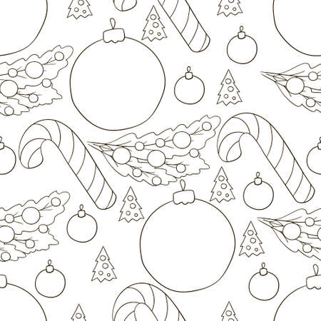 Pattern in hand draw style. Gray Seamless vector pattern with stars, Christmas tree decorations. Can be used for fabric, wrapping and etcのイラスト素材
