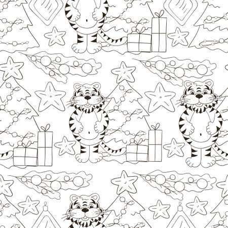 Symbol of 2022. Vector illustration with tiger in hand draw style. New Year 2022. The tiger sits and holds a scroll. Coloring animal for cardsのイラスト素材