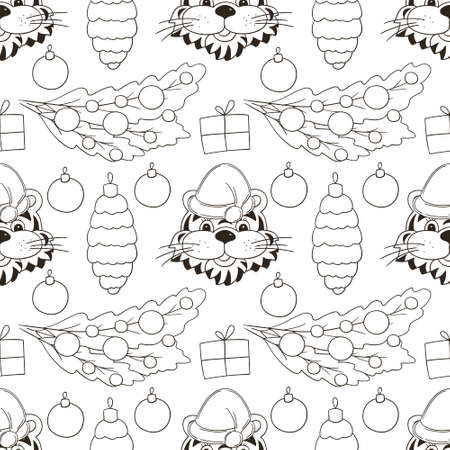 Symbol of 2022. Set of tigers in hand draw style. Faces of tigers. New Year 2022. Coloring vector illustrationsのイラスト素材