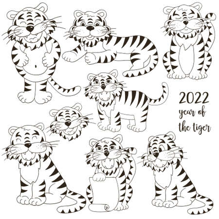 Symbol of 2022. Set of tigers in hand draw style. Faces of tigers. New Year 2022. Coloring vector illustrationsのイラスト素材