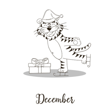 Symbol of 2022. Vector illustration with tiger in hand draw style. New Year. The tiger sits and holds a scroll. Coloring animal for cards, calendars, flyersのイラスト素材