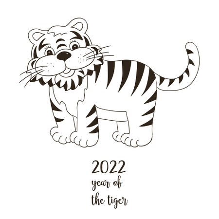 Symbol of 2022. Vector illustration with tiger in hand draw style. New Year. The tiger sits and holds a scroll. Coloring animal for cards, calendars, flyersのイラスト素材