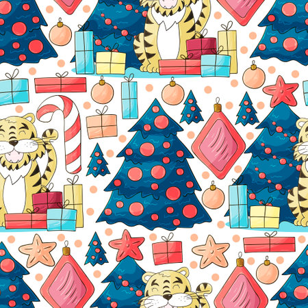 Symbol of 2022. Blue square New Year card in hand draw style. Christmas tree, tiger. Year of the tiger 2022. Bright illustration for cards, calendars, postersのイラスト素材