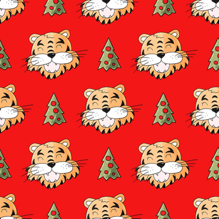 Symbol of 2022. Blue square New Year card in hand draw style. Christmas tree, tiger. Year of the tiger 2022. Bright illustration for cards, calendars, postersのイラスト素材