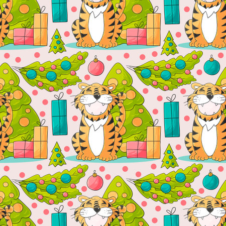 Symbol of 2022. Illustration with tiger in hand draw style. New Year 2022 Tiger lying. Bright animal for cards, calendars, postersのイラスト素材