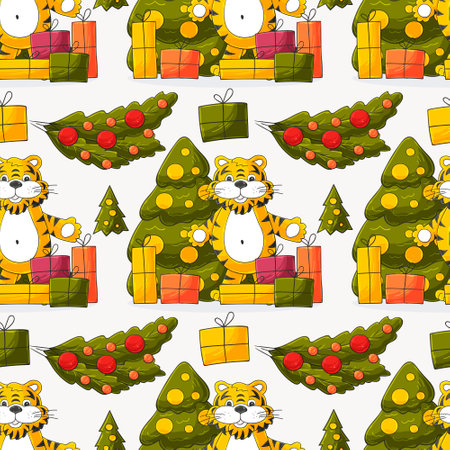 Symbol of 2022. Illustration with tiger in hand draw style. New Year 2022 Tiger lying. Bright animal for cards, calendars, postersのイラスト素材