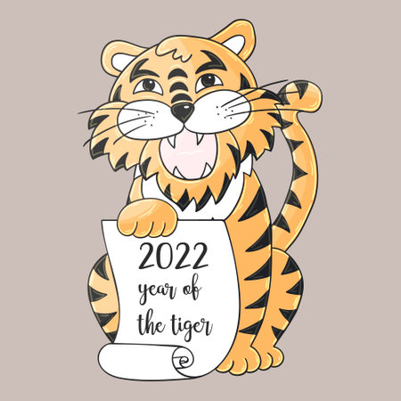Symbol of 2022. Illustration with tiger in hand draw style. New Year 2022 Tiger lying. Bright animal for cards, calendars, postersのイラスト素材