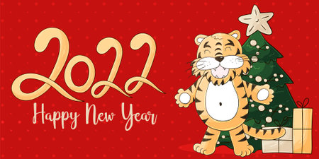 Symbol of 2022. Set of tigers and new year elements in hand draw style. Collection of Bright vector illustrationsのイラスト素材