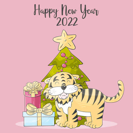 Year of the tiger 2022. Seamless pastel pattern with the heads of tigers in Christmas hats, Christmas trees. Can be used for fabric, packaging, wrapping and etcのイラスト素材