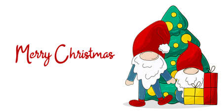 Christmas banner in handdrawn style. Two gnomes in Santa Claus hats, Christmas tree, gifts. Cute holiday card, flyer, bannerのイラスト素材