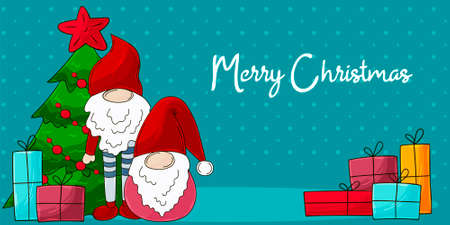 Christmas banner in handdrawn style. Two gnomes in Santa Claus hats, Christmas tree, gifts. Cute holiday card, flyer, bannerのイラスト素材