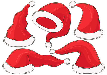 Christmas banner in handdrawn style. Two gnomes in Santa Claus hats, Christmas tree, gifts. Cute holiday card, flyer, bannerのイラスト素材