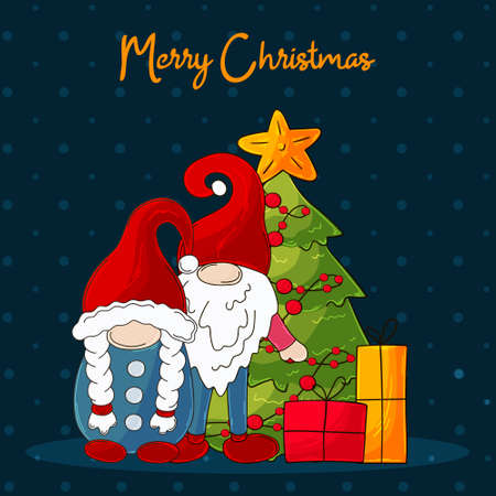 Christmas banner in handdrawn style. Two gnomes in Santa Claus hats, Christmas tree, gifts. Cute holiday card, flyer, bannerのイラスト素材