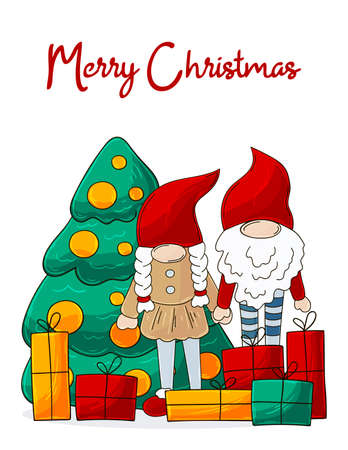 Christmas banner in handdrawn style. Two gnomes in Santa Claus hats, Christmas tree, gifts. Cute holiday card, flyer, bannerのイラスト素材