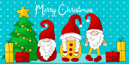 Christmas banner in handdrawn style. gnomes in Santa Claus hats, Christmas tree, gifts. Cute holiday card, flyer, bannerのイラスト素材