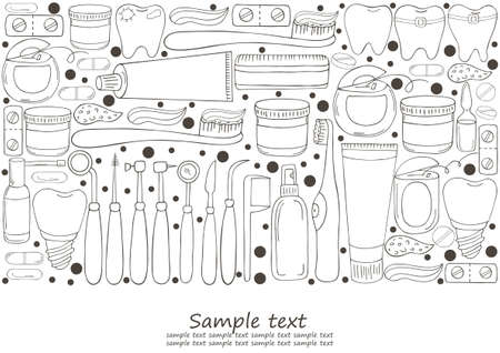 Coloring banner. Set of elements for the care of the oral cavity in hand draw style. Teeth cleaning, dental health. Teeth, floss, brush, pasteのイラスト素材
