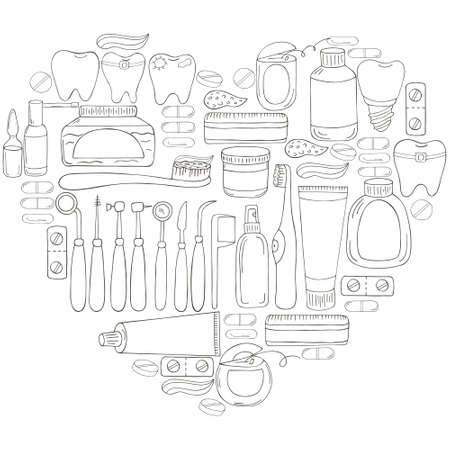 Heart Coloring of vector illustrations, text. Set of elements for the care of the oral cavity in hand draw style. Teeth cleaning, dental health, dental instrumentsのイラスト素材