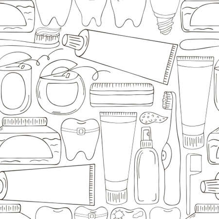 Coloring Seamless pattern. Cartoon teeth in hand draw style. Background for packaging, advertising. Healthy teeth, caries, bracesのイラスト素材
