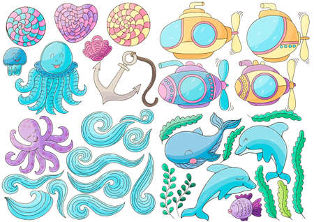 Big set of icons and design elements. Sea, ocean and their fabulous inhabitants. Illustrations in hand draw style. Collectionのイラスト素材
