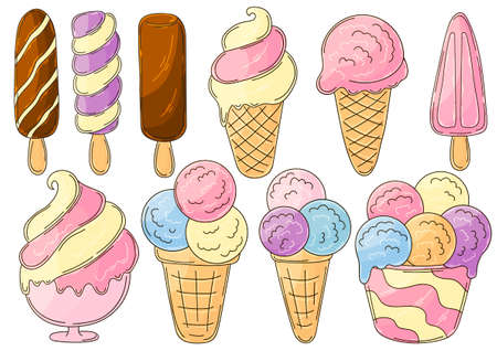 Big set of vector illustrations in hand draw style. Sweet desserts, ice cream. Collection of icons,...