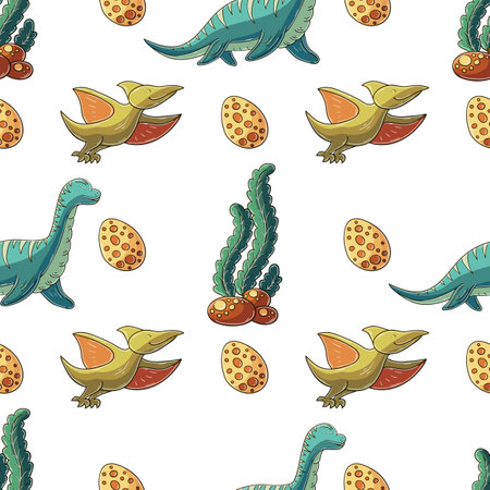 Cute funny dinosaur pattern. Print for boys. Dinosaur vector background. Print for cloth design, textileのイラスト素材
