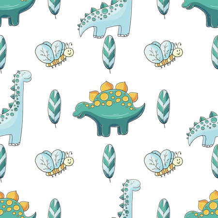 Dinosaur background in blue palette. Hand drawn cute dinosaurs seamless pattern. Print for cloth design, textile, fabricのイラスト素材
