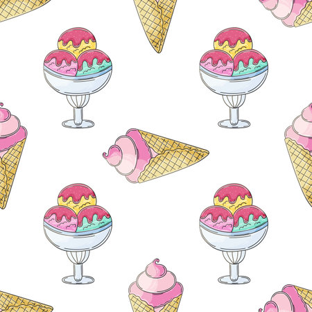 Cute ice cream seamless pattern. Print for cloth design, textile, fabric, wallpaper, wrapping paper. Summer holidays with ice cream cones and frozen dessertのイラスト素材