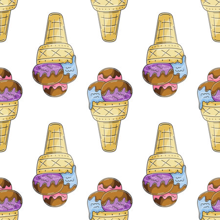 Cute ice cream in waffle cones seamless pattern. Summer. Wonderful pattern with cold dessert. Print for cloth design, textile, fabricのイラスト素材