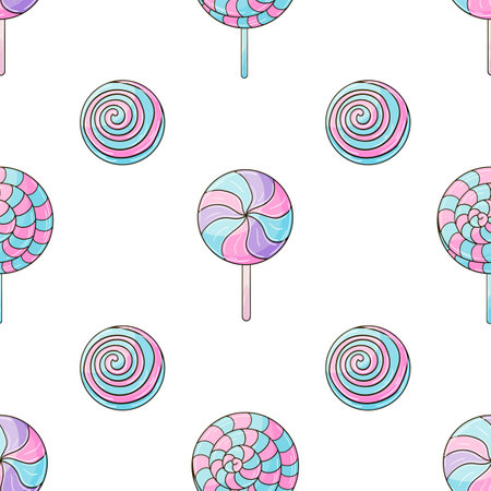 candies. Cute pattern with sweets. Round purple lollipops seamless pattern. Print for cloth design, textile, fabric, wallpaper, wrapping paperのイラスト素材