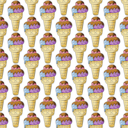 Cute ice cream in waffle cones seamless pattern. Wonderful pattern with cold dessert. Summer. printのイラスト素材