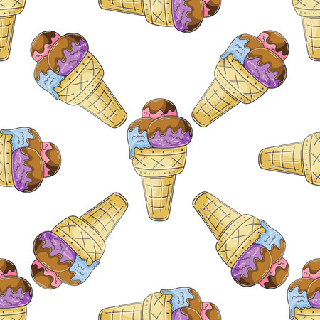 Cute ice cream waffle cones seamless pattern. Summer. Wonderful pattern with cold dessert. Print for cloth design, textile, fabric, wallpaperのイラスト素材