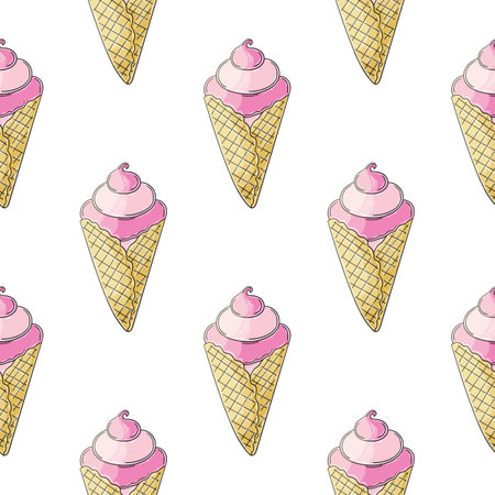 Cute ice cream seamless pattern. Summer holidays with ice cream cones and frozen dessert. Print for cloth designのイラスト素材