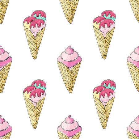 Cute ice cream seamless pattern. Summer holidays with  ice cream cones and frozen dessert. Print for cloth design, textile, fabric, wallpaperのイラスト素材