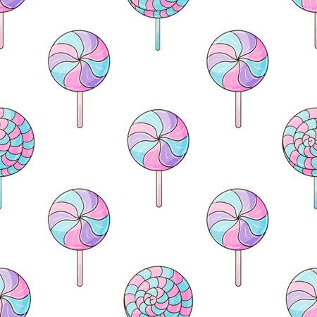 Cute pattern with sweets. candies. Round purple lollipops seamless pattern. Print for cloth design, textile, fabric, wallpaper, wrapping paperのイラスト素材