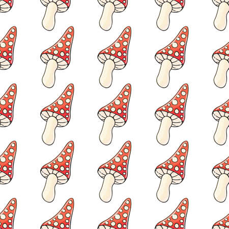 Seamless pattern with forest mushrooms. Amanitas. Illustration in hand draw style. Autumnの写真素材