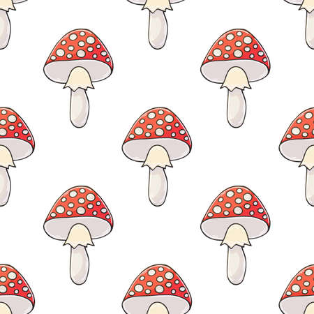 Amanitas. Seamless pattern with forest mushrooms. Amanitas. Illustration in hand draw styleのイラスト素材