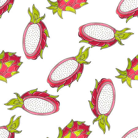 Seamless pattern with tropical fruits. Illustration in hand draw style. Dragon fruit, pitaya. Can be used for fabric and etcのイラスト素材